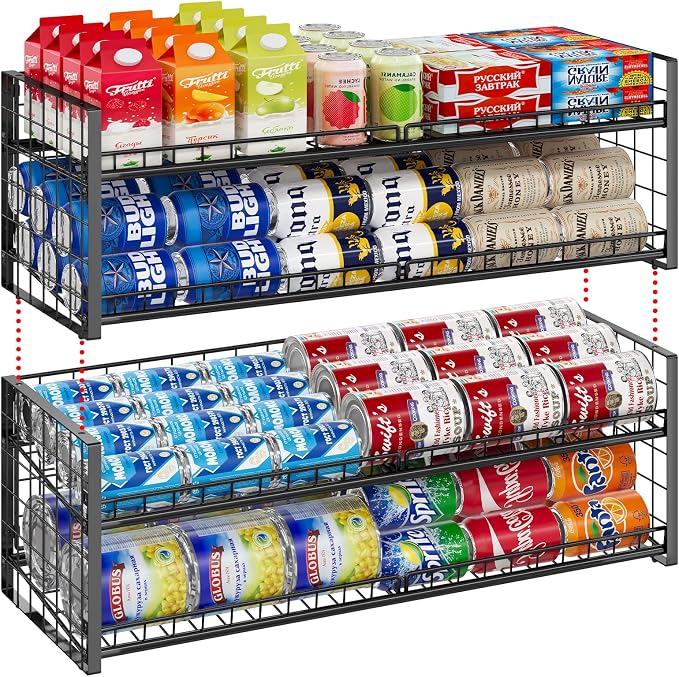 2-Pack Extra-Long Stackable Can Organizer for Pantry Shelf Storage,Can Rack for Kitchen Cupboard Storage, Sturdy Standing Can Holder for Canned Food Goods Soda up to 90, 2 Tier, Black Can Dispenser | Can Rack for Kitchen Cupboard, Sturdy Standing Can H...