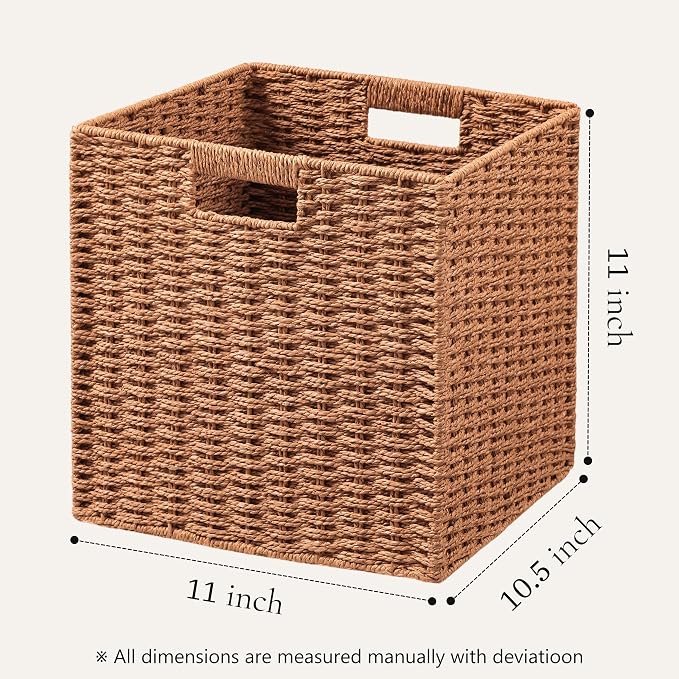 UBBCARE 3 Pack Wicker Basket, 11L×11H×10.5W inch Woven Paper Rope Storage Baskets for Shelves, Foldable Cube Storage bin with Handle, Storage Basket for Organizing & Decor,Caramel