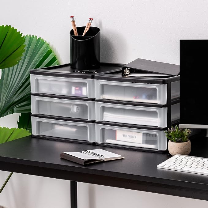 IRIS USA 2-Pack, 3-Drawer Medium Plastic Stacking Desktop Organizer, Black | Organize office supplies, stationery, makeup, craft materials and everyday essentials for neat desktop storage