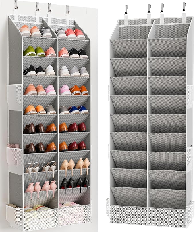 Over the Door Shoe Organizer, 20-30 Pairs Heavy-Duty Hanging Shoe Storage with Large Pockets, 10-Tier Door Shoe Rack with 4 Hooks for Sneakers Sandals Heels Boots (Gray)