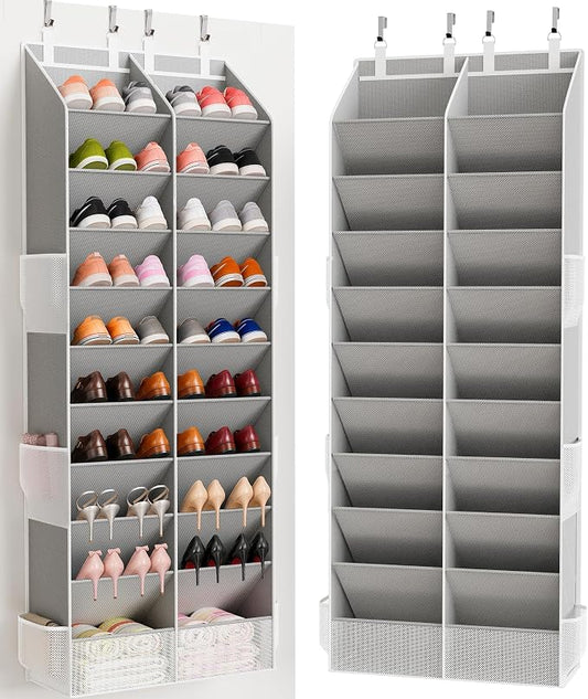 Over the Door Shoe Organizer, 20-30 Pairs Heavy-Duty Hanging Shoe Storage with Large Pockets, 10-Tier Door Shoe Rack with 4 Hooks for Sneakers Sandals Heels Boots (Gray)