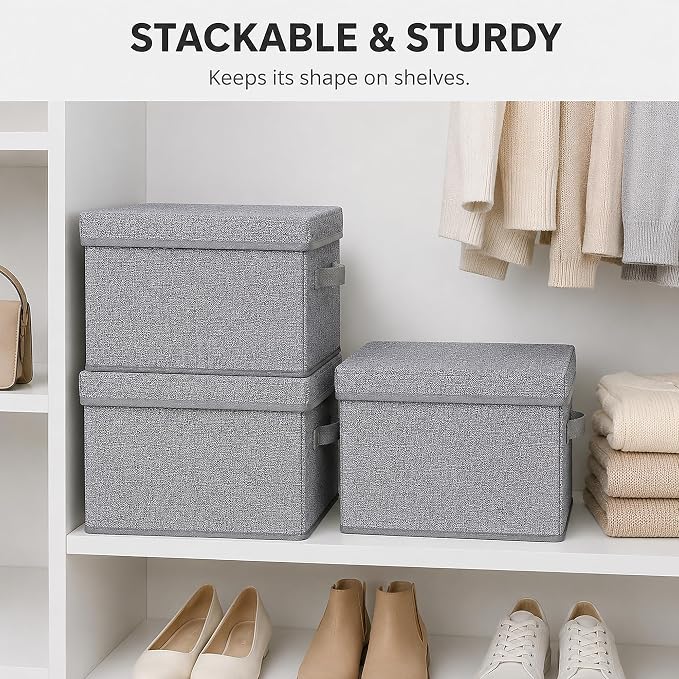 WUIKE Foldable Storage Bins with Lids, Storage Boxes with Handles, Closet Shelf Organizer, Fabric Storage Baskets for Bedroom, Decorative Storage Containers, Large, Ash Gray, 3-Pack