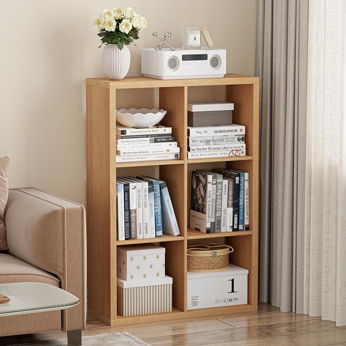 VDNEND Cube Storage Organizer Bookcase, Decorative 11 inch Open Back Cubical Shelf with Thickened Border, Display Bookshelf for Living Room, Home Office, Sturdy Room (Natural Oak, 6 Cube)