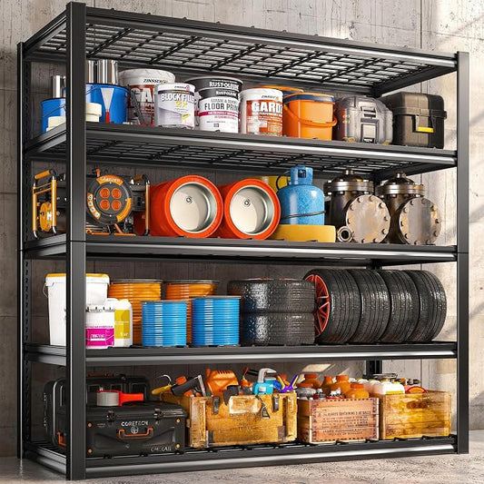 REIBII 48.2" W Storage Shelves for Garage, Adjustable Garage Shelving | 48.2" W x 24.5" D x 72" H, 5 Tier Metal Shelving, 3010LBS Load Capacity, Rust-Resistant Coating, 10-Minute Assembly