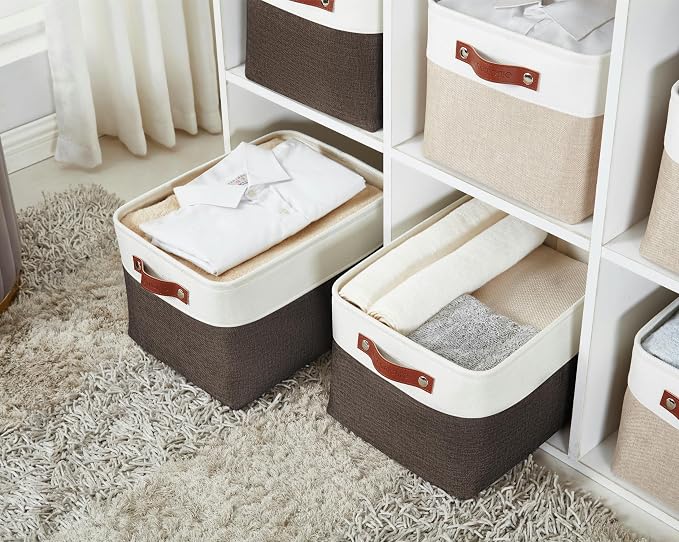DECOMOMO Storage Bins, Large Fabric Storage Baskets for Shelves 3 Pack | 15 x 11 x 9.5 inches Decorative Linen Closet Organizers (Brown & White)