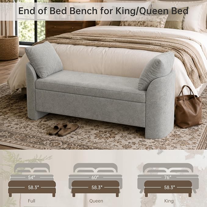 Usaint 58.3" Upholstered Storage Ottoman Bench with 2 Throw Pillows, Grey | End of Bed Bench with Curved Arms and Thickened Seat Cushion for Bedroom, Livingroom, Window, Entryway and Dressing Areas
