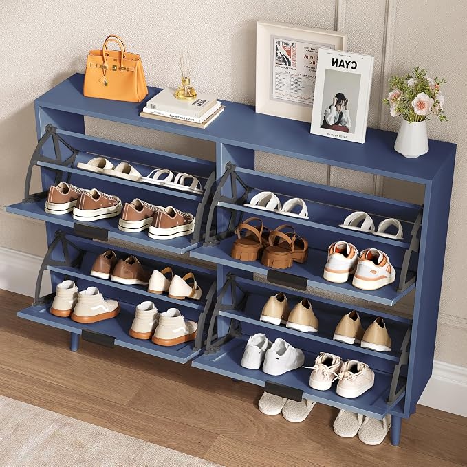 BORNOON Shoe Cabinet for Entryway with 4 Flip Drawers, Slim Wooden Shoe Storage Organizer with Modern Fluted Pannel，Freestanding Narrow Hidden Shoe Rack for Hallway, Foyer, Living Room