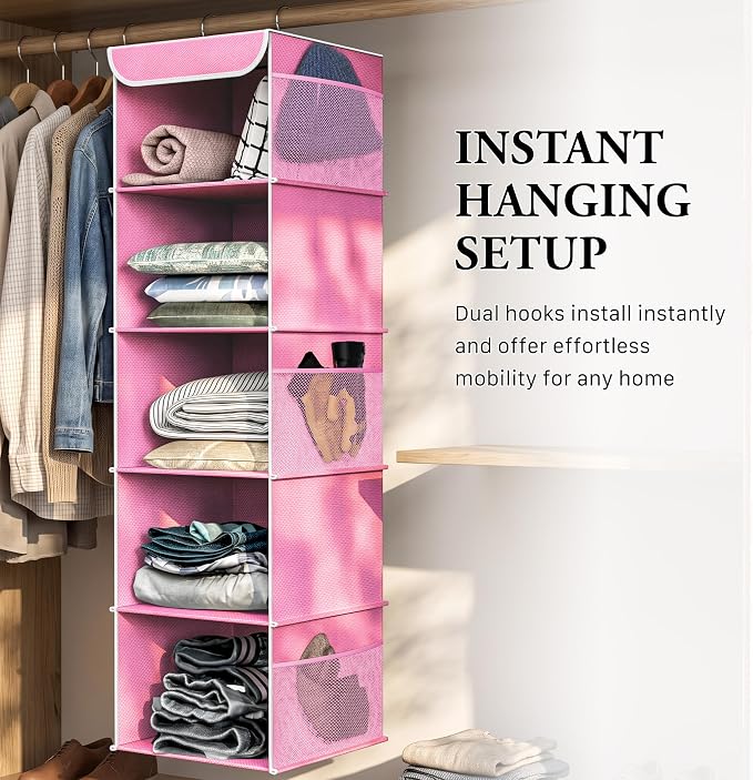 Simple Houseware 5 Shelf Hanging Closet Organizer, Pink | 360° Rotating Dual Hooks, Top Support Metal Frame, 6 Side Mesh Pockets