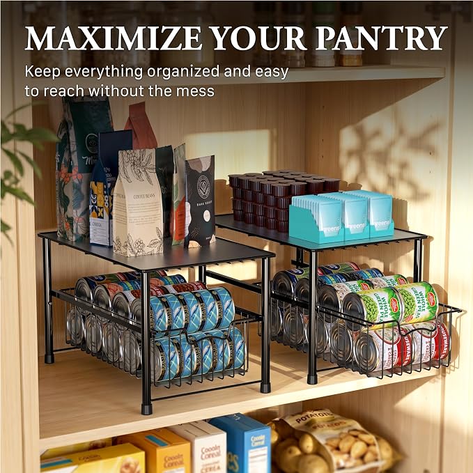 Simple Houseware Wired Stackable Under Sink Cabinet Sliding Basket, Black | Free Standing Organizer Drawer, Kitchen/Pantry/Cabinet/Counter