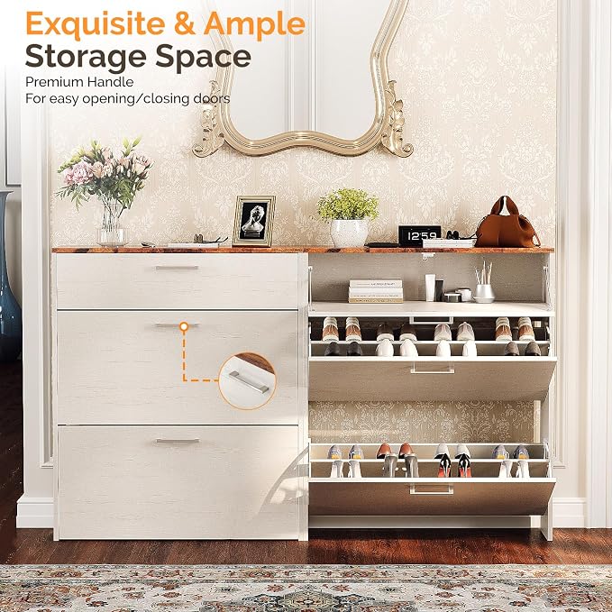 VINGLI Shoe Cabinet for Entryway, Farmhouse Slim Shoe Rack Storage with 3 Flip Drawers, Rustic Brown Top & Washed White Body, Narrow Hidden Shoe Organizer for Hallway, 9.5" Depth