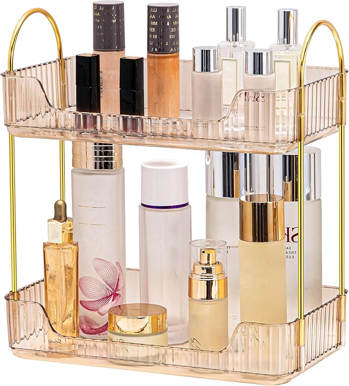 Akinbas 2 Tier Bathroom Organizer Countertop Makeup Perfume Tray Skincare Organizer for Bathroom Dresser Vanity (Gold)