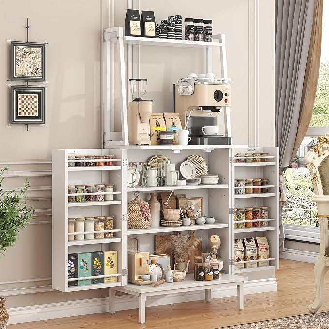 kepptory 51" Kitchen Baker's Rack with Storage, Microwave & Toaster Oven Stand, Freestanding Coffee Bar Station with Wine Glass Holder & Side Storage Shelves, White