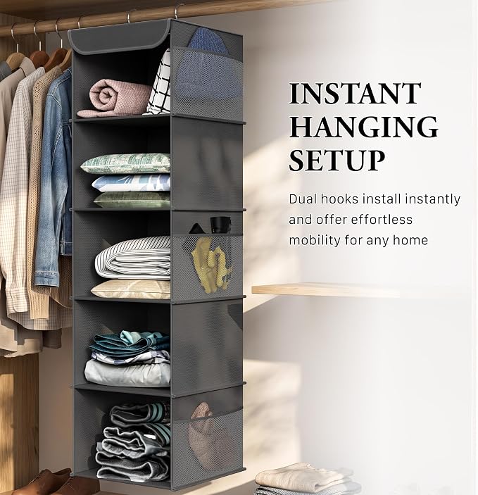 Simple Houseware 5 Shelf Hanging Closet Organizer, Dark Gray | 360° Rotating Dual Hooks, Top Support Metal Frame, 6 Side Mesh Pockets