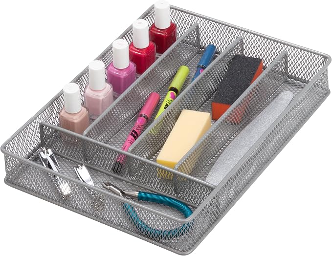 Honey-Can-Do KCH-02154 Steel Mesh 5-Compartment Cutlery Utensil Organizer, Silver (Pack of 6)