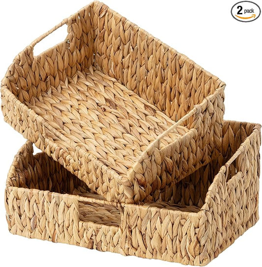 StorageWorks Pantry Baskets for Organizing, Water Hyacinth Baskets for shelves with Built-in Handles, Pantry Organizers and Storage, Set of 2 (Large and Medium)