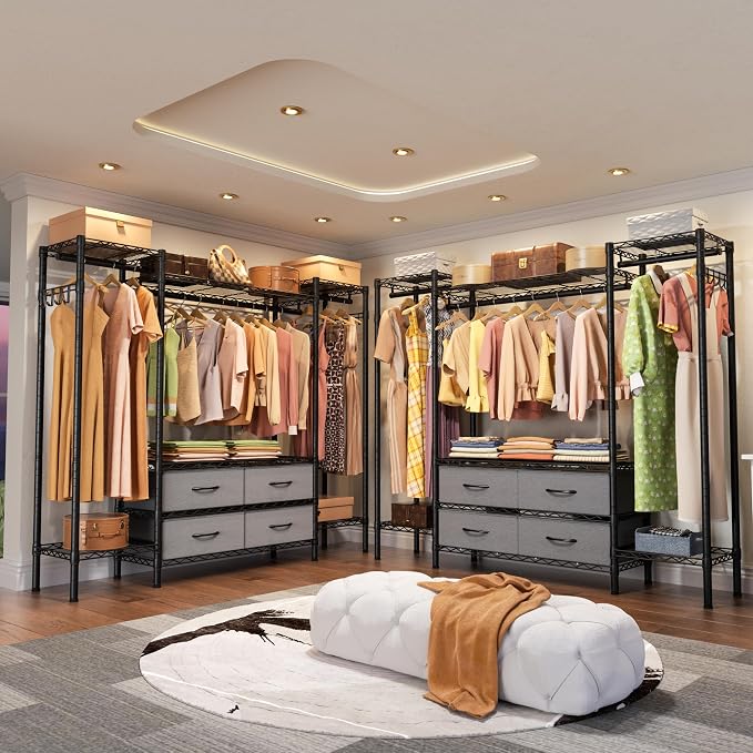 Golpart Heavy Duty Clothes Rack Metal Wardrobe with Adjustable Wire Shelves | Closet Organizers and Storage Clothing Rack Metal System Freestanding Hanging Clothes System Free Standing Garment Coat Racks