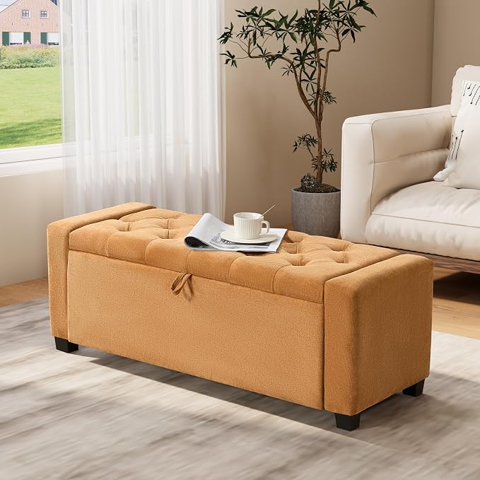 Royal Windsor Ottoman with Storage,Tufted Storage Bench with Safety Hinge,Holds up to 350 lb,Upholstered Bench with Seating for Bedroom, Living Room,Entryway,Ginger