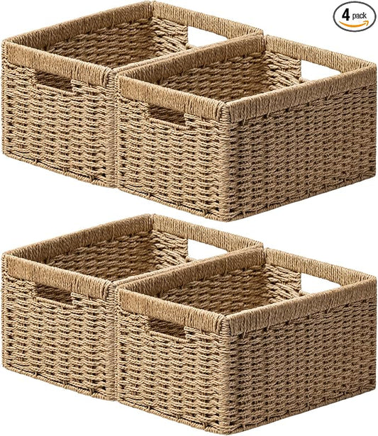 joybest Wicker Baskets for Shelves, Hand-woven Storage Baskets Natural | 13.4L x 8.3W x 7.1H inch for Pantry, Kichen Organizing, Foldable Rectangular Bin with Handles, 4-pack