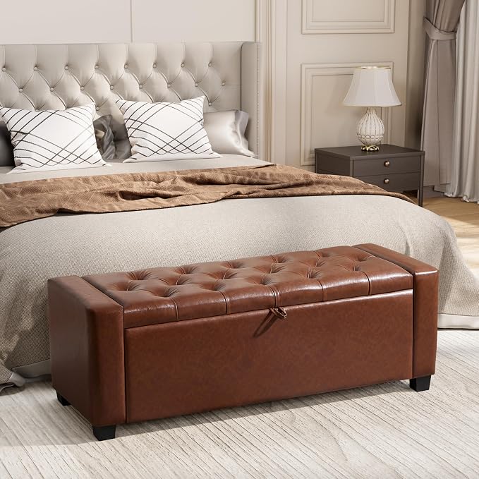 Royal Windsor Ottoman with Storage,Tufted Storage Bench with Safety Hinge,Holds up to 350 lb,Upholstered Bench with Seating for Bedroom, Living Room,Entryway,Leather Brown