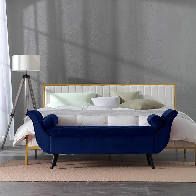 Storage Bench for Bedroom End of Bed, Velvet Upholstered Rolled Armed Button Tufted Sofa Stool Bench, Storage Ottoman Couch Long Bench with Solid Wood Legs (Navy)