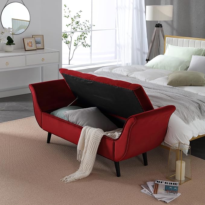 Velvet Storage Bench for Bedroom End of Bed, 65" Upholstered Rolled Armed Button Tufted Stool Bench, Storage Ottoman Long Bench with with 2 Pillows for Entryway (Wine Red)