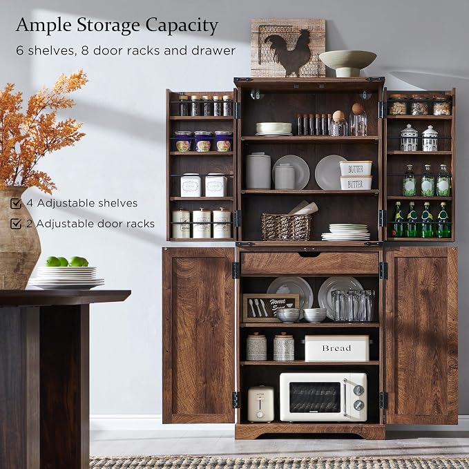 72" Tall Wooden Pantry Storage Cabinet with Door Shelves & Drawer | Farmhouse, Barn Doors, Adjustable Shelves, Freestanding, Anti-tip Kit, for Kitchen, Dining Room, Living Room
