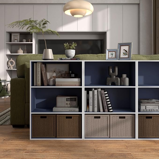Homes: Inside + Out Apexa 3-Tier Cube Storage Organizer Shelves, Stackable Wood Bookcase Fits Cubby Bins for Organization, Dorm Teen Room Decor & Home Office, Steel Blue