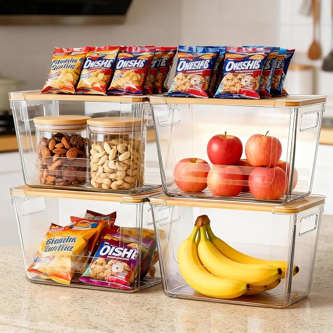 4 Pack Pantry Storage Containers for Onions, Potatoes and Trash Bags | Clear Design for Easy Access, Premium Bamboo Lid, Multi-Functional & Stackable Storage