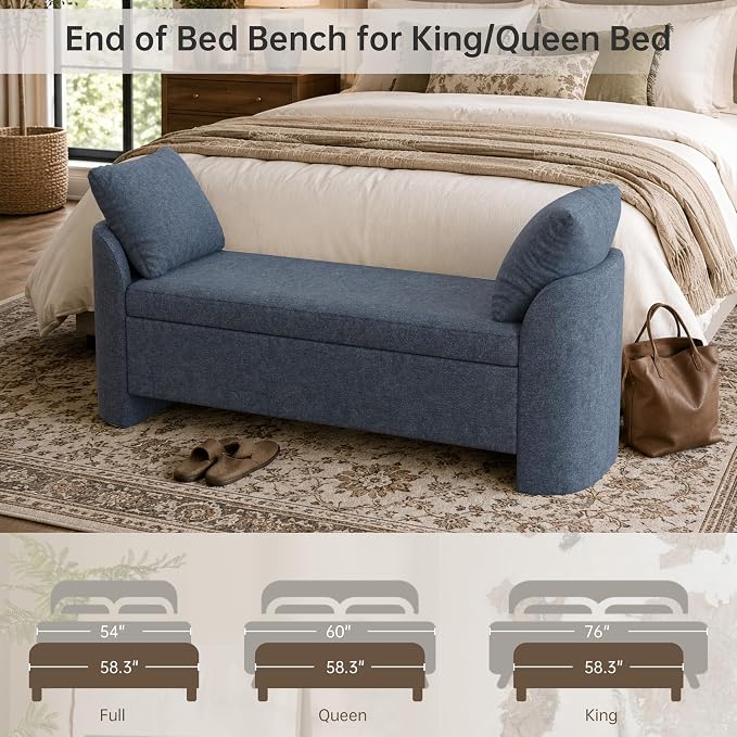 Usaint 58.3" Upholstered Storage Ottoman Bench with 2 Throw Pillows, Blue | End of Bed Bench with Curved Arms and Thickened Seat Cushion for Bedroom, Livingroom, Window, Entryway and Dressing Areas