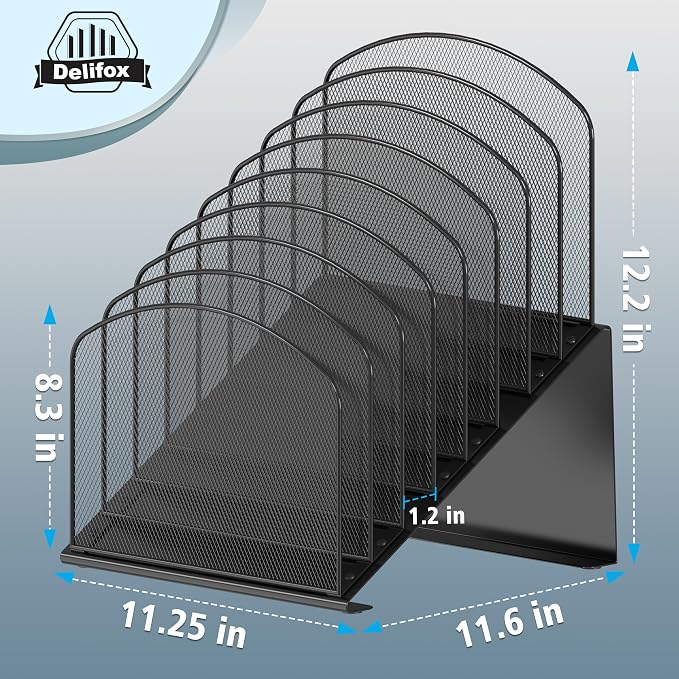 Delifox Inclined Desk File Organizer, 8-Section, Black | Upright Desk File Holder, Standing File Sorter, For Office School Classroom Desktop Organization