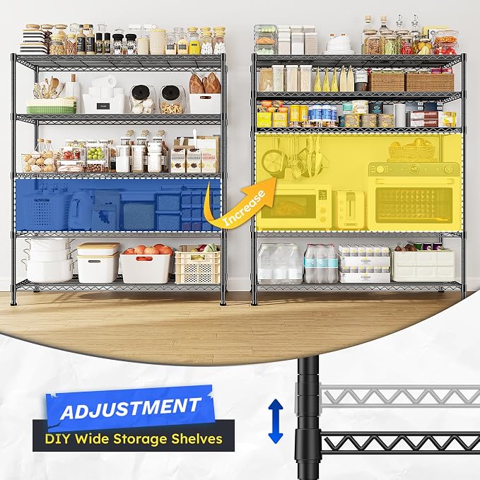 DurayLoly 45"W Heavy Duty 5-Tier 1000LBS Storage Shelves, Adjustable, Black | 13.5"Dx70.5"H, Commercial steel, Rustproof, Leveling feet, Tool-free assembly, For kitchen, pantry, garage, greenhouse