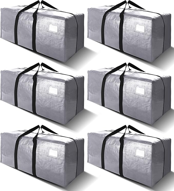 VELVETSURE Heavy Duty Extra Large Moving Bags W/Backpack Straps - Strong Handles & Zippers, Storage Totes For Space Saving, Fold Flat, Alternative to Moving Box and Storage Bin (Set of 6, Silver)