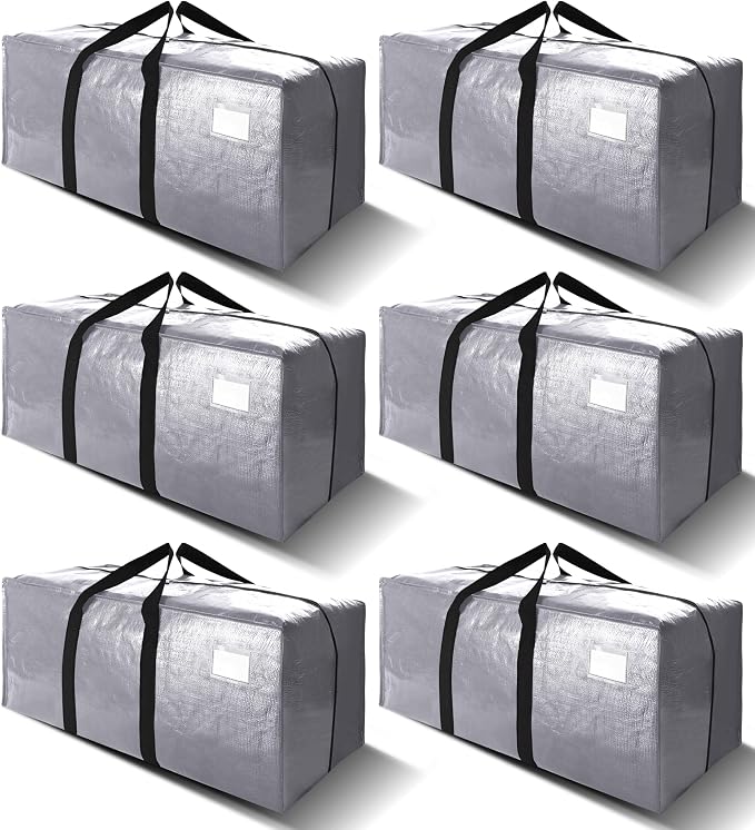 6 Pack Heavy Duty Extra Large Moving Bags W/Backpack Straps - Strong Handles & Zippers, Storage Totes For Space Saving, Fold Flat, Alternative to Box and Bin (40 gal, Silver)