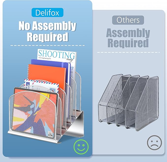 Delifox Inclined Desk File Organizer,Vertical File Folder Holder Stand Metal Rack File Sorter for Office Classroom Desktop Organization (2, Silver, 5)