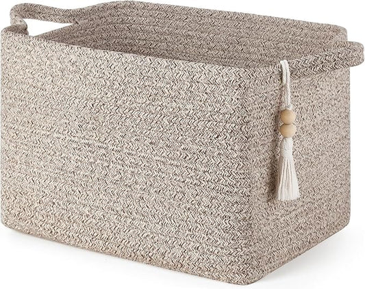 Mkono Woven Storage Basket, Cube Cotton Rope Basket for Shelves, 13"x10"x9" | Organizes Shoes Clothes Toys Towels Books, Gift Basket, Wooden Beads Tassel, Rectangle Bin, Fits Entryway Bedroom Living Room