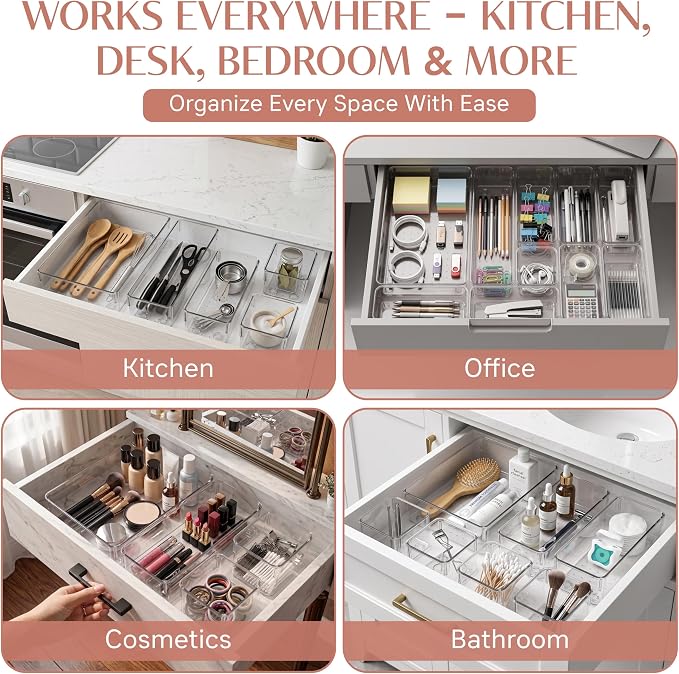 Zanora 25 PCS Clear Plastic Drawer Organizer Set, Drawer Dividers Organizers with 4 Sizes Storage Trays, Bathroom Drawer Organizers Makeup, Vanity Drawer Organizer, Desk & Kitchen Storage Bins