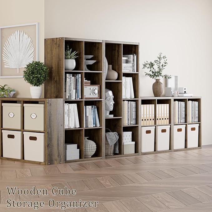 VDNEND Cube Storage Organizer Bookcase, Decorative 11 inch Open Back Cubical Shelf with Thickened Border, Display Bookshelf for Living Room, Home Office, Sturdy Room (Brown, 4 Cube)