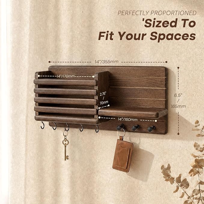 Rebee Vision Key Holder Wall Mount with Mail Slot for Home Decor, Brown | Pine Wood, Round Corner, 8 Key Hooks, Key Holder for Wall, Mail Organizer, Bill Storage, Home Aesthetic