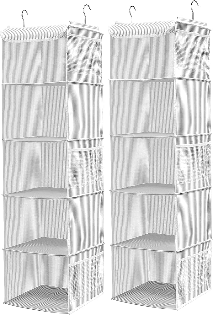 BrilliantJo 5 Shelves Hanging Closet Organizer, 2 Pack Hanging Storage with 6 Side Pockets for Clothes Shoes, 43"x12"x12"(Strip)