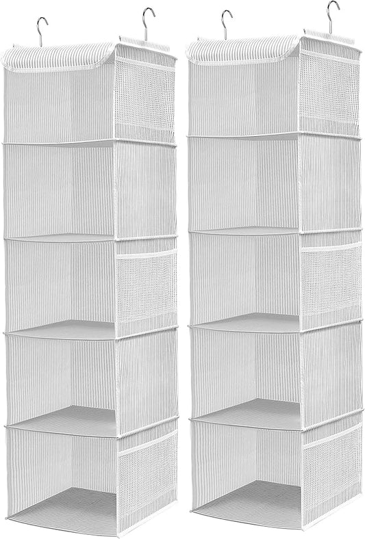 BrilliantJo 5 Shelves Hanging Closet Organizer, 2 Pack Hanging Storage with 6 Side Pockets for Clothes Shoes, 43"x12"x12"(Strip)