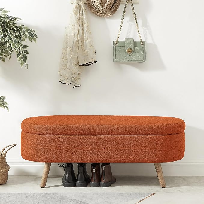 42.25" Ottoman with Storage, Storage Ottoman Bench with Safety Hinge, Boucle End of Bed Bench, Upholstered Entryway Bench for Bedroom, Living Room & Window, Holds up to 330 lb, Orange