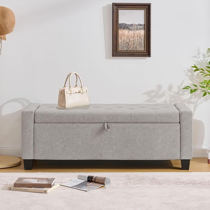 Huatean Home 43" Ottoman with Storage, Light Gray Storage Ottoman Bench | Upholstered Entryway Bench with Seating for Bedroom, Living Room with Safety Hinge, Holds up to 330 lb