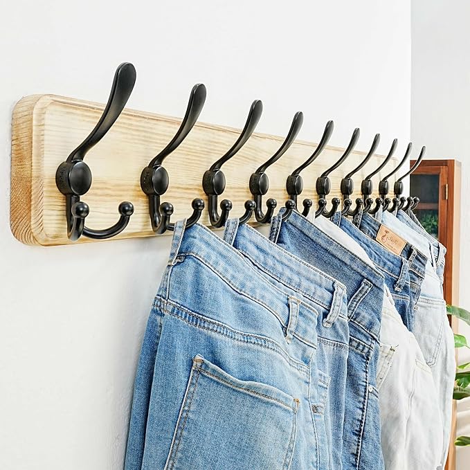 Coat Rack Wall - Heavy-Duty 38-1/4" Long, with Reinforced 10 Custom Tri-Hooks, Solid Wood Wall Hanger for Coats Hat Jackets - Rustic Farmhouse Entryway Hallway Storage, Light Brown & Black