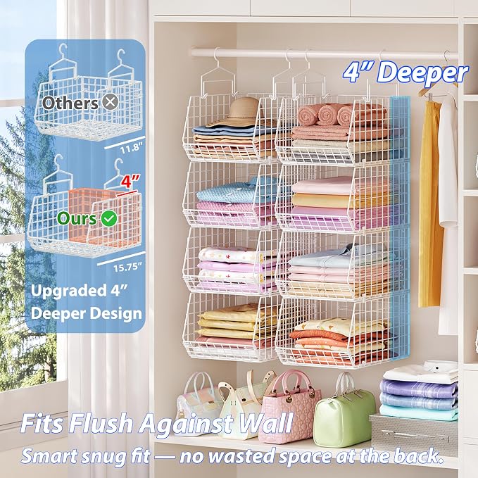 6 Tier Extended Depth Hanging Closet Organizer, Closet Storage Hanging Shelves with Hanging Hooks for Clothes Sweaters Towels Handbags, Stackable Metal Mesh Bins For Closet, Laundry, Bathroom, Dorm