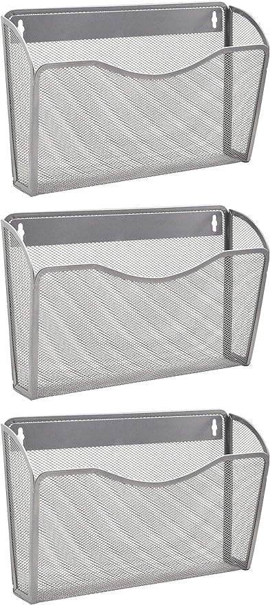 EASEPRES 3 Single Pocket Mesh Hanging File Organizer, Vertical Wall Mounted Magazine File Holder, Mount Basket Mail Paper Document Folder Organizing for Office, Home and School, Silver