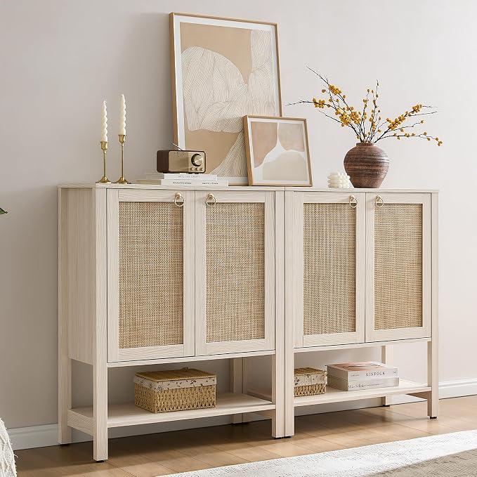 SICOTAS Rattan Shoe Cabinet with Storage, 5 Tier, 3 Pieces | Farmhouse Shoe Organizer with Doors & Shelves, Free Standing Shoe Rack Cabinet for Entryway, Living Room (White Cream Oak)