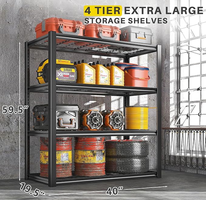 REIBII 40" W Storage Shelves with Wire Mesh Panels for Garage Organization | 560Lbs/tier, 40" W x 19.5" D x 59.5" H, Adjustable, 4-Tier, Double-Layer Frame, Rustproof Finish, for Basement Warehouse, 3Pc