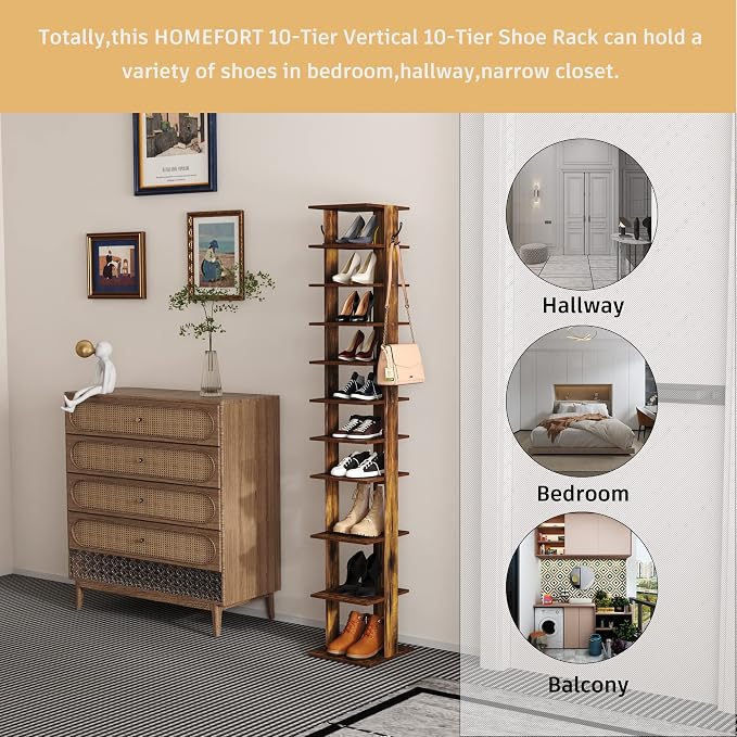HOMEFORT 10-Tier Vertical Shoe Rack, Corner Shoe Tower, Slim Shoe Organizer with Two Hanging Hooks, Wooden Shoe Storage Stand for Entryway, Hallway, Closet, Rustic Brown