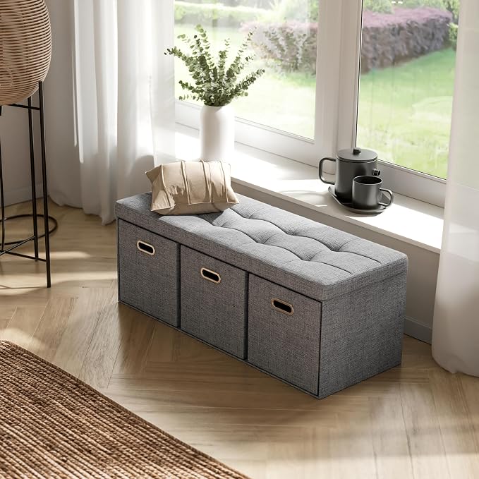 Ornavo Home 40 Inch Storage Ottoman with 3 Drawers, Tufted Linen, Gray | Foldable Large Bench Design; Foot Rest Stool Seat; Ideal for Living Room, Bedroom or Entryway