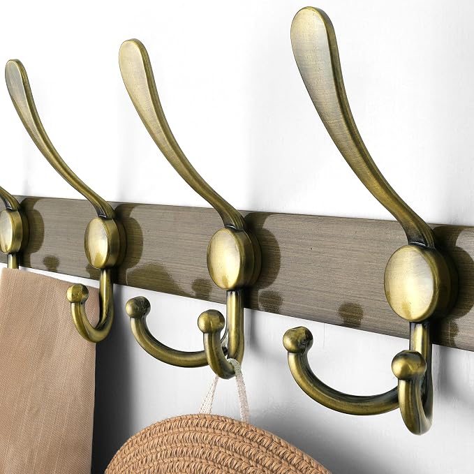 Dseap Wall Mounted Coat Rack - 5 Tri Hooks, Heavy Duty, Stainless Steel, Metal Coat Hook Rail for Coat Hat Towel Purse Robes Mudroom Bathroom Entryway (Bronze, 2 Packs)